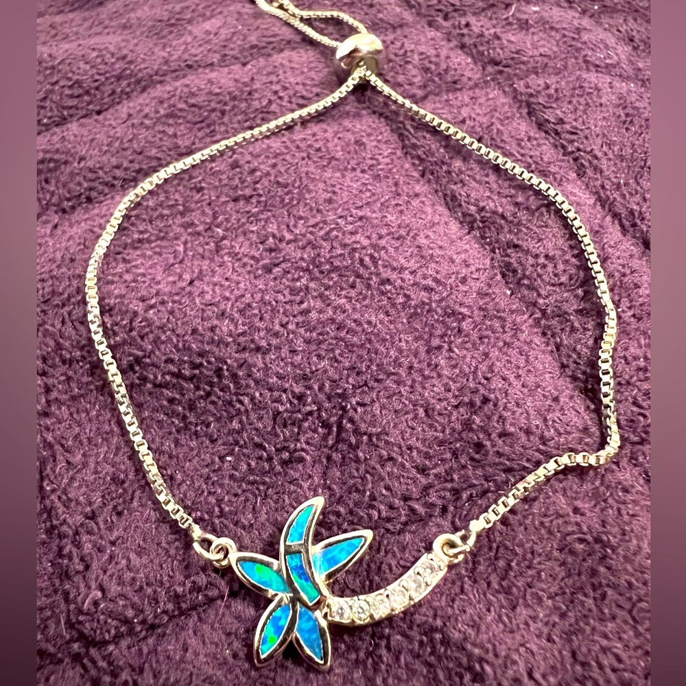 New, Unworn: Silver CZ Blue Opal Paua Shell Palm Tree Adjustable Bracelet/Anklet